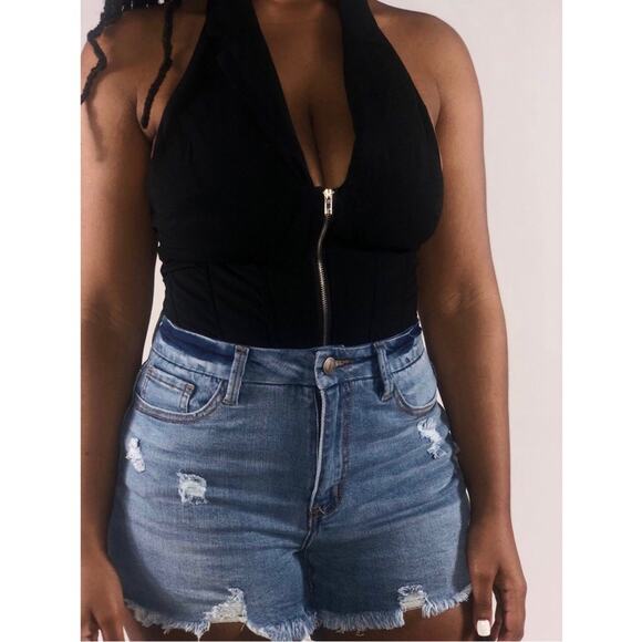 NWT Tea N Cup Bodysuit Womens L Black Halter Sleeveless Zip Front Sexy Clubwear - Picture 4 of 8